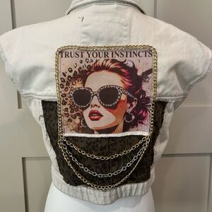 Upcycled Happily Grey Women’s Vest with Graphic Back Panel and Chain Accents